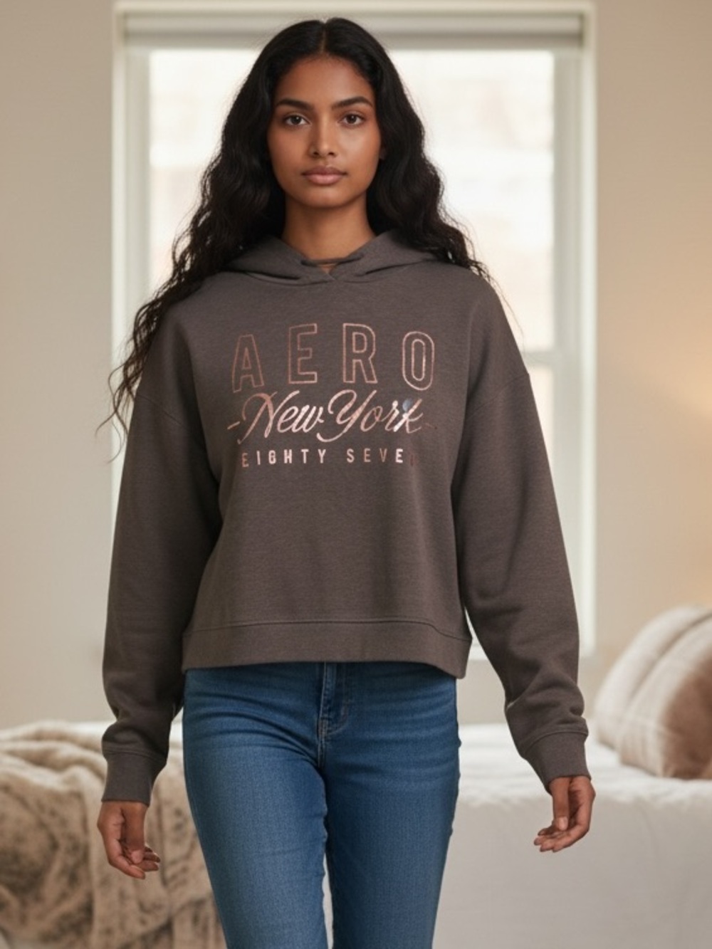 Aero New York Women's Brown Logo Hoodie Sweater
